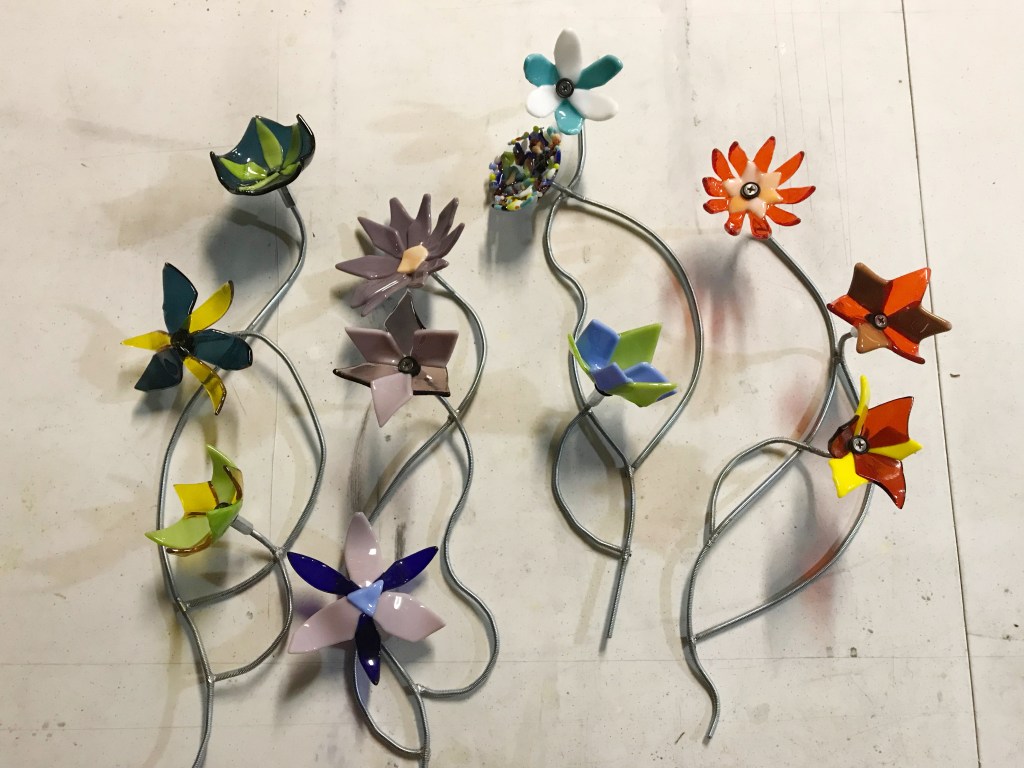fused glass flowers on metal armature